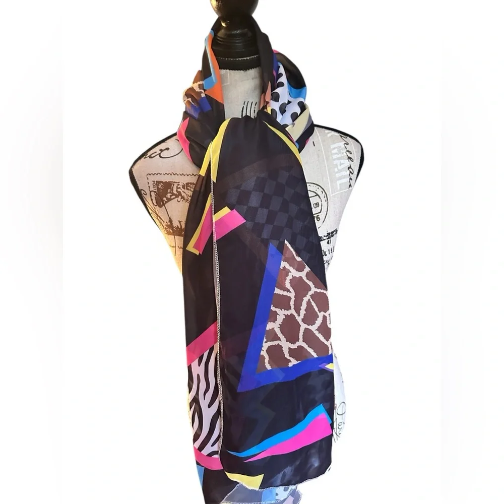 Abstract Geometric Sheer Scarf Wrap Sarong Animal Print Festival Shawl Pareo 80s
